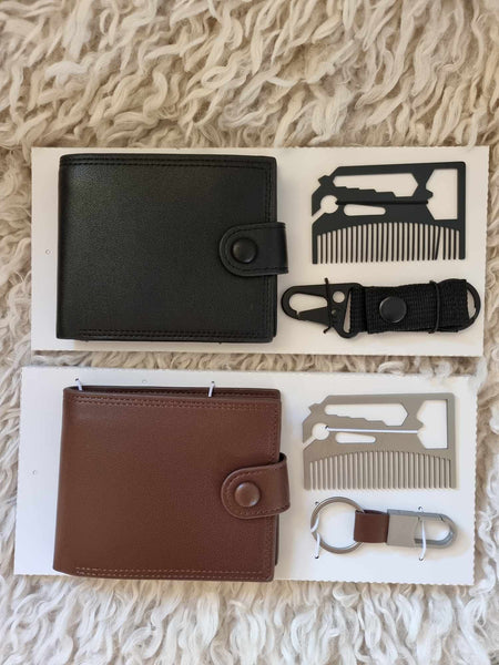 Leather wallet, keyring and multi-tool set