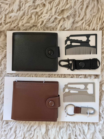 Leather wallet, keyring and multi-tool set