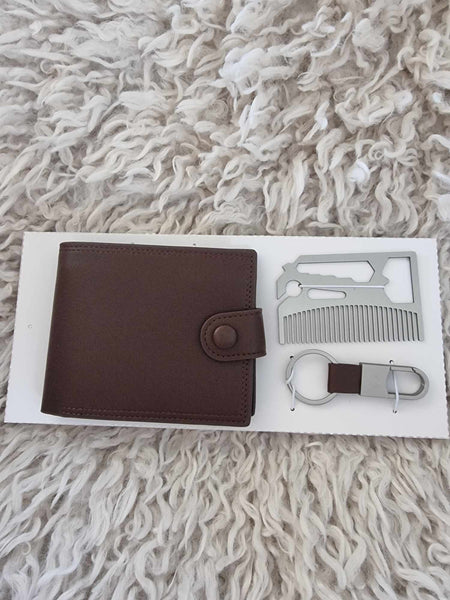 Leather wallet, keyring and multi-tool set