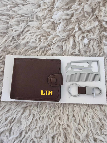 Leather wallet, keyring and multi-tool set